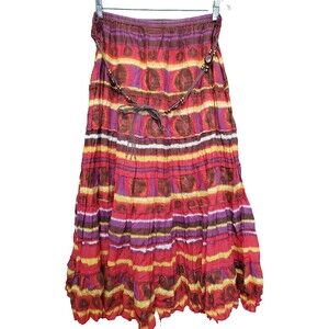 Multiples Cotton Tiered Crinkle Multicolor Pull-On Maxi Skirt w/Belt Sz PXL VTG